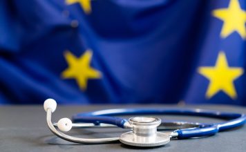 stethoscope with European Union flag. Concept of the health of Europe. Stethoscope over European Flag