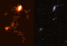 Caption: (Left) Radio galaxy image of neutral hydrogen in and around the NGC 4532 / DDO 137 using ASKAP. (RIGHT) An optical image of the galaxy from the Legacy Surveys. Credit Credit: ICRAR and D.Lang (Perimeter Institute).