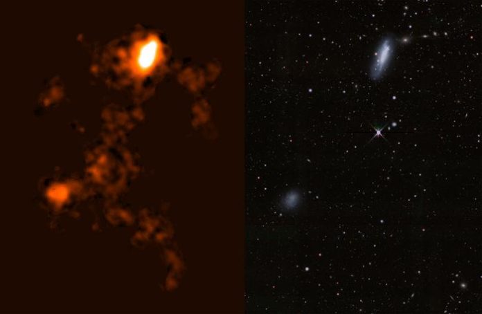 Caption: (Left) Radio galaxy image of neutral hydrogen in and around the NGC 4532 / DDO 137 using ASKAP. (RIGHT) An optical image of the galaxy from the Legacy Surveys. Credit Credit: ICRAR and D.Lang (Perimeter Institute).