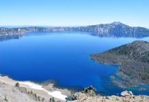 Figure 1. Crater Lake (Mount Mazama) viewpoint in southwestern Oregon, United States. Approximately 1,000-1,200 meters of the dome collapsed or was destroyed in the final circular ring fissure eruption of 7,700 years BP (image courtesy of Pixabay).