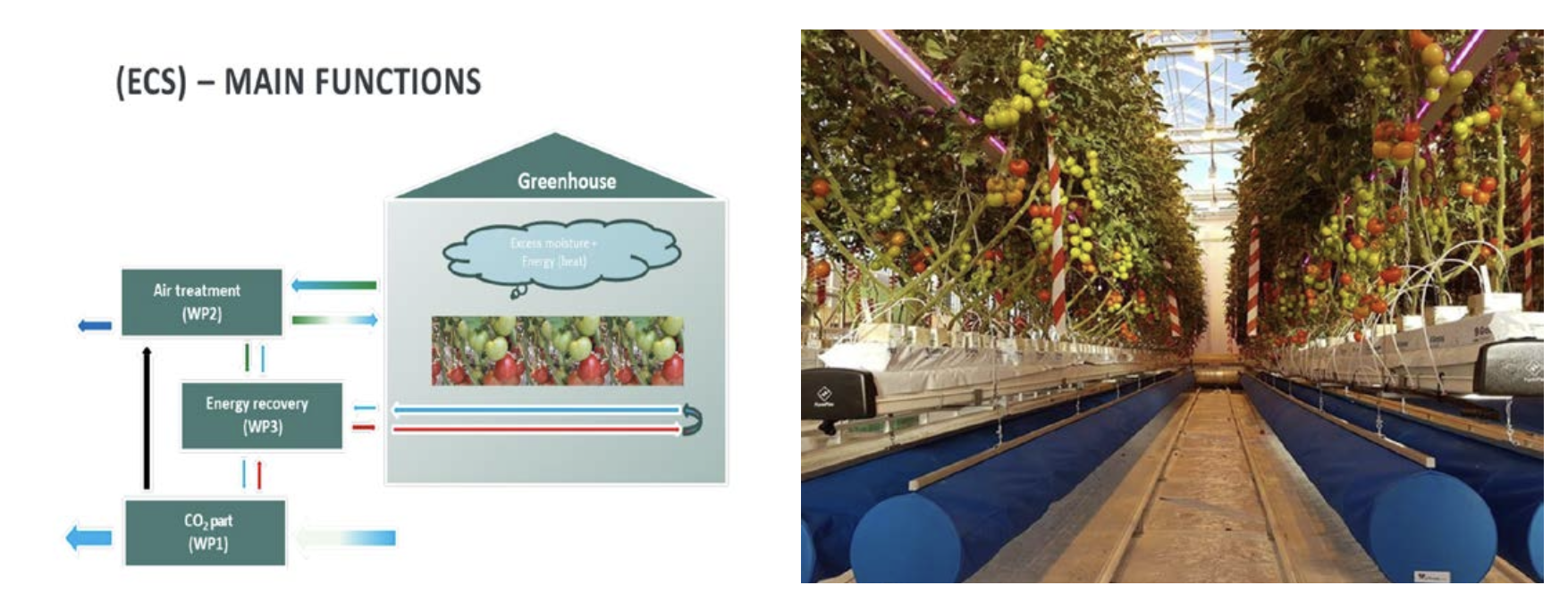 Figure 1 and 2: Experimental setup of the closed greenhouse using an Environmental Control System (ECS) with Direct Air Capture (DAC) of CO2 at NIBIO Særheim: Postvegen 213, 4353 Klepp stasjon, Norway.