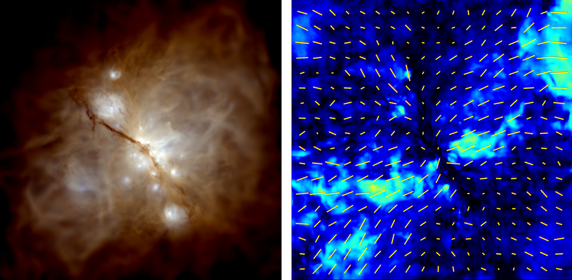 Figure 2. The left panel shows a synthetic image of light coming from stars and interstellar dust in multiple wavelengths, while the right panel displays the corresponding polarization pattern caused by rotating grains. Such synthetic observations help connect microphysical dust models with telescope data, providing crucial tests of how grain growth and rotation influence cosmic dust evolution. (magnetohydrodynamic simulation by Seifried+ 2013, MNRAS, 432, 3320 and images are synthesised with the code POLARIS: https://www.ita.uni-heidelberg.de/~reisslst/)