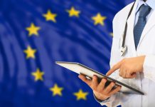 Doctor on EU flag background. 3d illustration