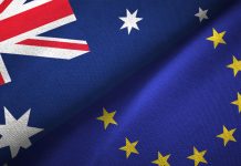 European Union and Australia two flags together realations textile cloth fabric texture