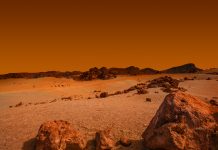 Landscape on planet Mars, scenic desert scene on the red planet