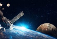 Space station on orbit of the Earth planet and universe background.