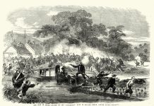 Battle at Sai-Lau Creek, Canton River, China, Second Opium War, Lieutenant Bedford Pim fending off attacking Chinese soldiers