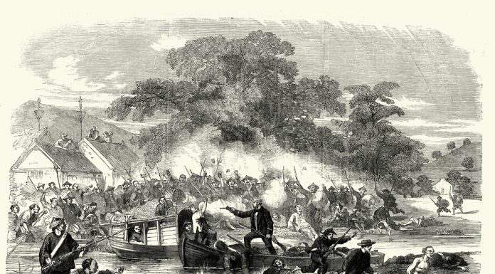Battle at Sai-Lau Creek, Canton River, China, Second Opium War, Lieutenant Bedford Pim fending off attacking Chinese soldiers