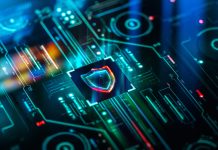 Digital security and privacy background. Cyber and crypto security shield on futuristic screen technology background.