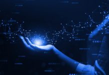 Ai Virtual Technology.Hand holding global network connection. Internet communication, Wireless connection technology. Futuristic technology with polygonal shapes.