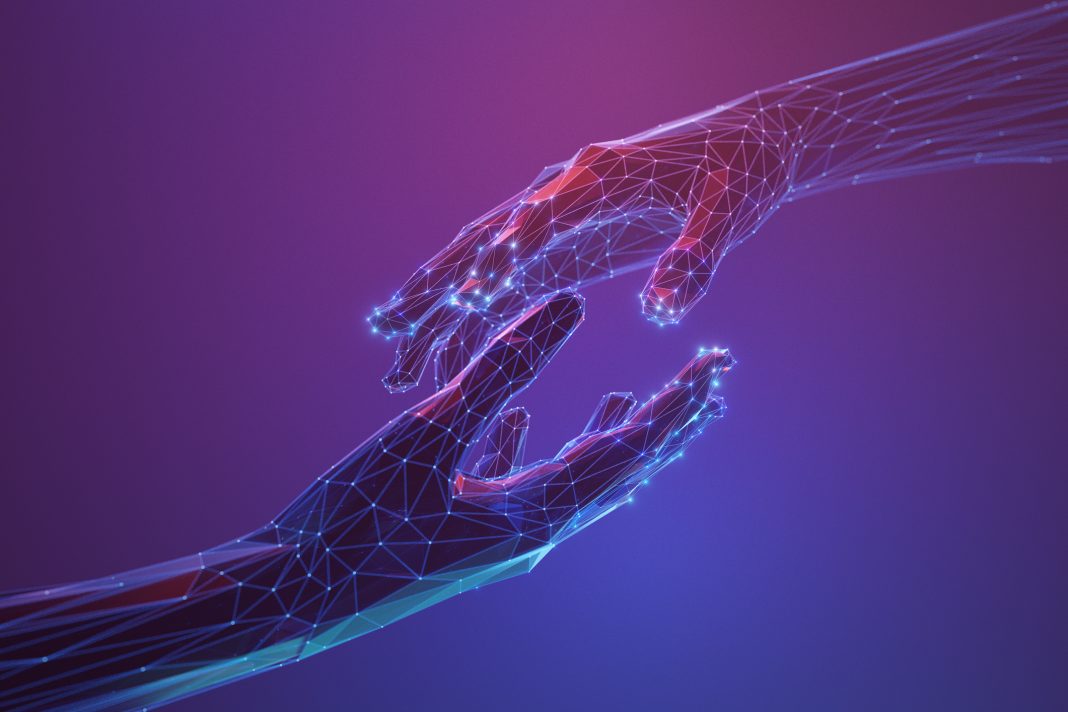 A pair of digital hands reach towards each other, showcasing a futuristic network concept with vibrant colors and geometric lines. This image emphasises connectivity, cooperation and technological advancement.