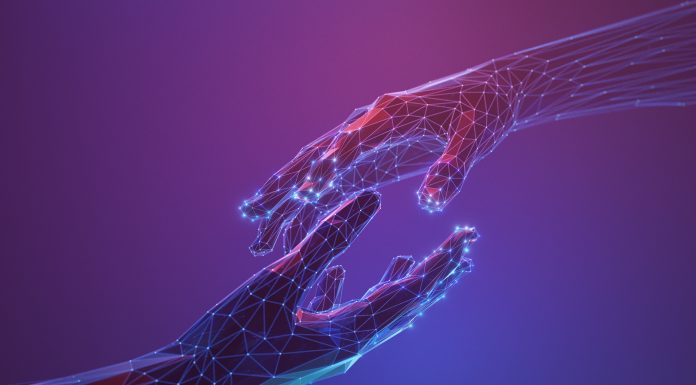 A pair of digital hands reach towards each other, showcasing a futuristic network concept with vibrant colors and geometric lines. This image emphasises connectivity, cooperation and technological advancement.