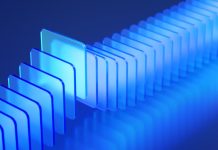 Brightly illuminated transparent blue acrylic panels are showcased in a modern and clean composition, emphasizing design and innovation.