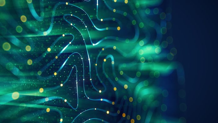 Technology Background with Flowing Lines and Light Particles