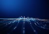 Abstract 3D digital grid with dynamic data lines and glowing dots, representing big data processing, analytics, machine learning, and futuristic technology visualization.