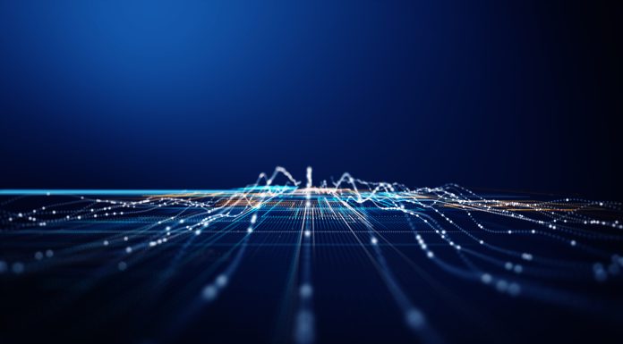 Abstract 3D digital grid with dynamic data lines and glowing dots, representing big data processing, analytics, machine learning, and futuristic technology visualization.