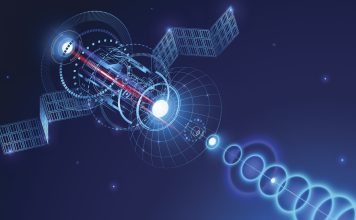 Geostationary telecommunications satellite from space sends a digital signal via satellite dish. Conceptual abstract background. VECTOR