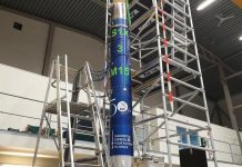 The payload section of the Suborbital Express 3 - M15 59 sounding rocket on the assembly pad. Credit Gail Iles, RMIT University