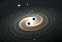 2NF7DJH Gravitational waves from merging black holes. 3d illustration