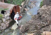 An urban wastewater sampling point is located in Pakadjuma, Kinshasa. The surrounding environment is characterised by intense commercial activity, particularly food sales, small-scale trade, and informal waste discharge, which makes this location a strategic sentinel point for pathogen surveillance.