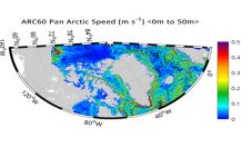Snapshot of ocean current speed, in the top 50 m of the ocean, in the parts of the Arctic and North Atlantic Ocean, near Greenland. Note the higher velocities with the main boundary currents, as well as the many vigorous small-scale feature, such as circular eddies and rings.