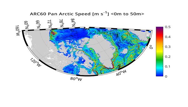 Snapshot of ocean current speed, in the top 50 m of the ocean, in the parts of the Arctic and North Atlantic Ocean, near Greenland. Note the higher velocities with the main boundary currents, as well as the many vigorous small-scale feature, such as circular eddies and rings.