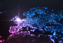 power of england, energy beam on london. dark map with illuminated cities and human density areas. 3d illustration