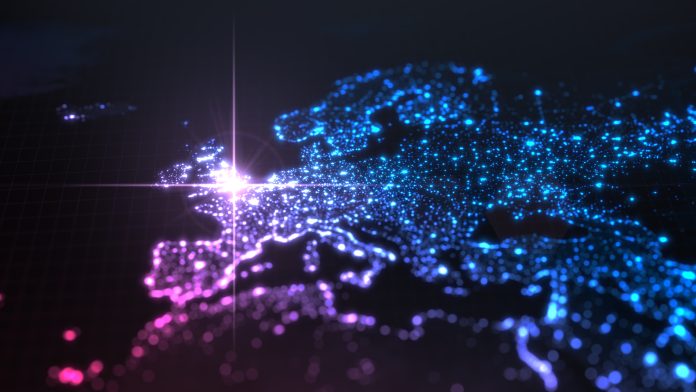 power of england, energy beam on london. dark map with illuminated cities and human density areas. 3d illustration