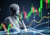 Financial technology concept with 3d rendering robot analyze stock market big data