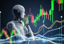 Financial technology concept with 3d rendering robot analyze stock market big data