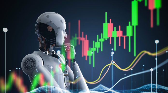 Financial technology concept with 3d rendering robot analyze stock market big data