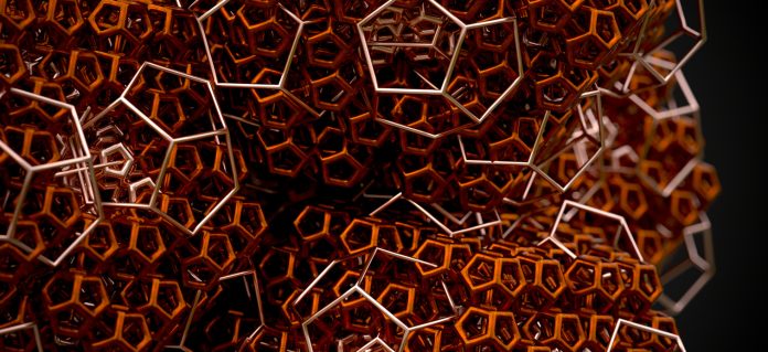 3D computer generated fractal abstract geometric metallic object details isolated on infinite background