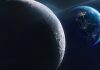 Moon and Earth at night. Cities light. Planet and satellite. Moon surface. Deep space with stars. Exploration of solar system. Elements of this image furnished by NASA (url:https://images-assets.nasa.gov/image/PIA00405/PIA00405~small.jpg https://eoimages.gsfc.nasa.gov/images/imagerecords/79000/79765/dnb_land_ocean_ice.2012.3600x1800.jpg)