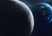 Moon and Earth at night. Cities light. Planet and satellite. Moon surface. Deep space with stars. Exploration of solar system. Elements of this image furnished by NASA (url:https://images-assets.nasa.gov/image/PIA00405/PIA00405~small.jpg https://eoimages.gsfc.nasa.gov/images/imagerecords/79000/79765/dnb_land_ocean_ice.2012.3600x1800.jpg)