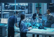 UK announces £55 billion to be spent on science and technology breakthroughs Young Team of Engineers, Project Manager and Machinery Operators Collaborate on a New Type of a Gas Turbine Engine, Standing with Tablet and Laptop Computers in Scientific Technology Lab. High Angle.