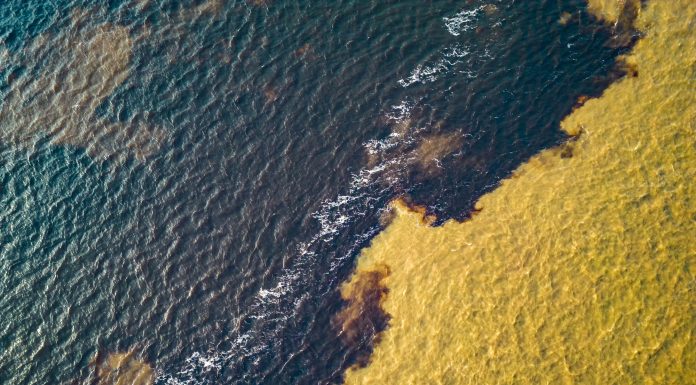 Amazing view of two rivers Negro and Amazon meeting in Manaus Brazil from above