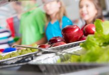 Closeup of healthy food in a school cafeteria lunch line