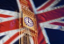 Composite image of Big Ben and the the British Union Jack Flag, Westminster, London.
