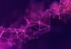 Abstract pink dots and lines on a purple gradient background. purple neural networks. Magenta particles connected by polygons. Crimson plexus on a blue background. Modern fluorescent chemical