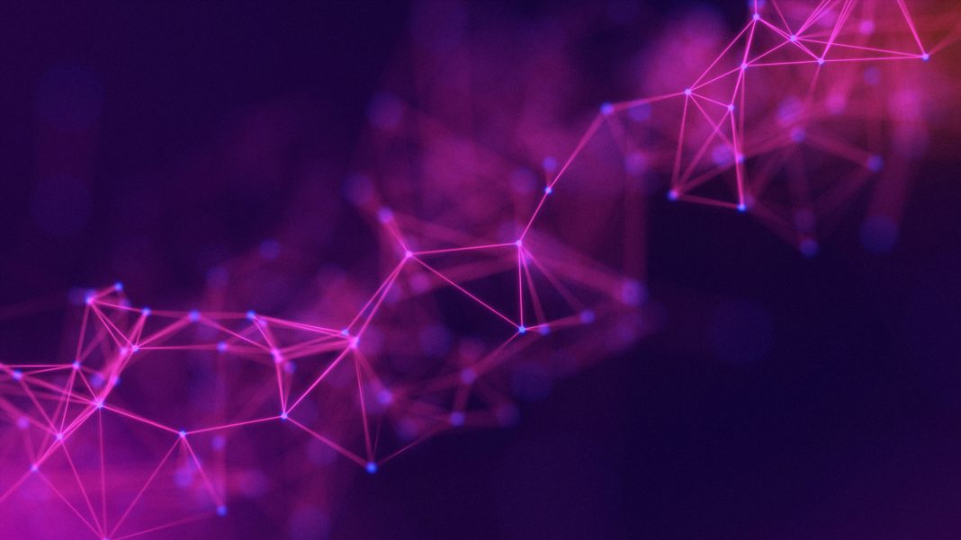 Abstract pink dots and lines on a purple gradient background. purple neural networks. Magenta particles connected by polygons. Crimson plexus on a blue background. Modern fluorescent chemical