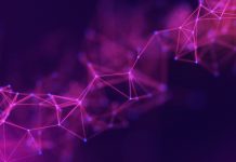 Abstract pink dots and lines on a purple gradient background. purple neural networks. Magenta particles connected by polygons. Crimson plexus on a blue background. Modern fluorescent chemical