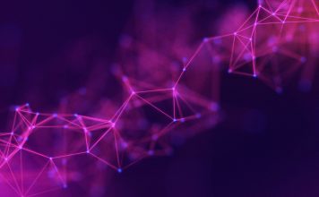 Abstract pink dots and lines on a purple gradient background. purple neural networks. Magenta particles connected by polygons. Crimson plexus on a blue background. Modern fluorescent chemical