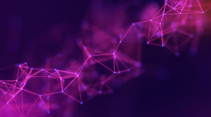 Abstract pink dots and lines on a purple gradient background. purple neural networks. Magenta particles connected by polygons. Crimson plexus on a blue background. Modern fluorescent chemical