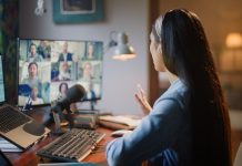 Remote work, web conference and woman in video call on computer in home for internet podcast or meeting. Working, conversation and online business webinar with digital talk for workshop with speaker