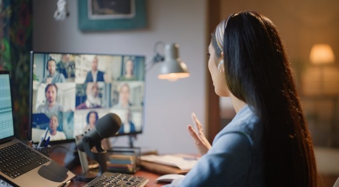 Remote work, web conference and woman in video call on computer in home for internet podcast or meeting. Working, conversation and online business webinar with digital talk for workshop with speaker