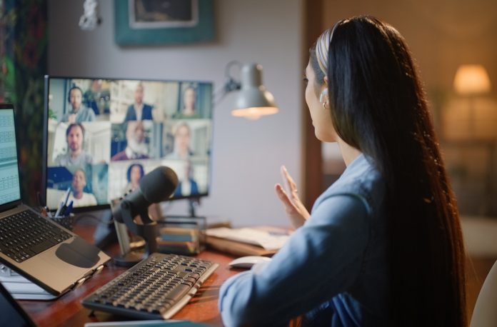 Remote work, web conference and woman in video call on computer in home for internet podcast or meeting. Working, conversation and online business webinar with digital talk for workshop with speaker