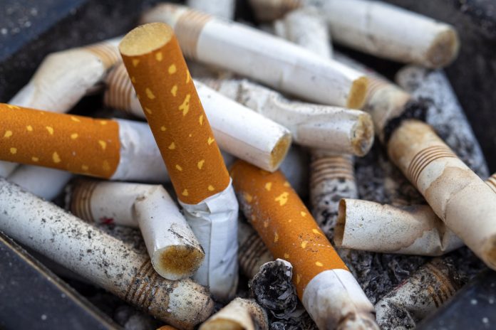 close up of a pile of cigarette butts in an ashtray