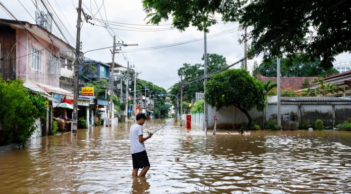 Chiangmai, Thailand - Sep 25 2024 : Chiang Mai city flooded as Ping River overflows
