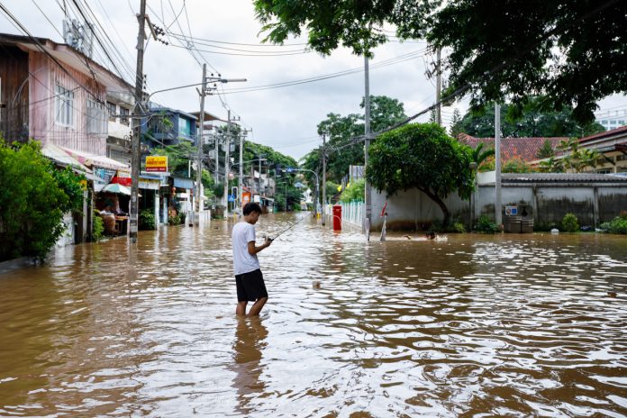 Chiangmai, Thailand - Sep 25 2024 : Chiang Mai city flooded as Ping River overflows