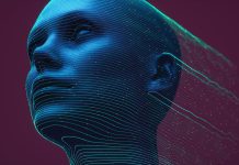 A conceptual 3D representation of a human head integrated with flowing neural network lines.